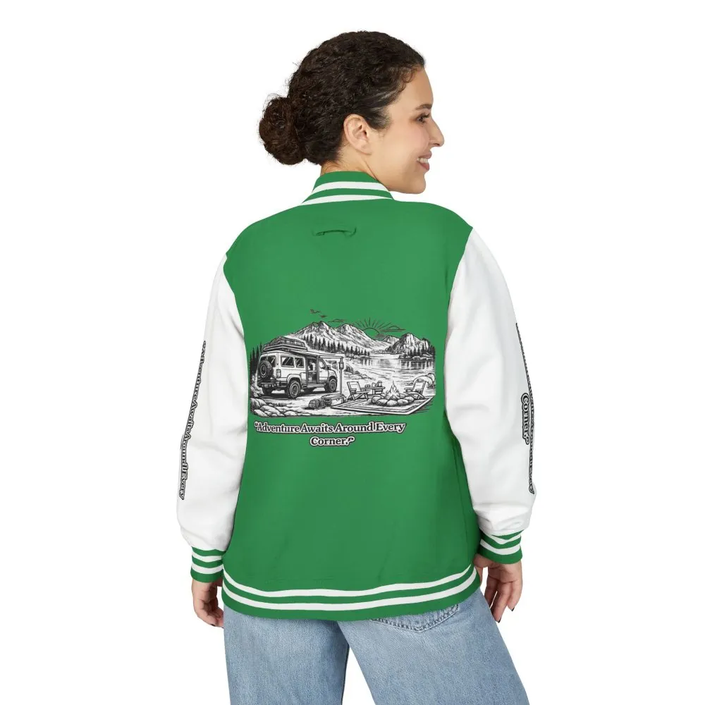 18176684210748167853_2048.jpeg Unisex Heavyweight Letterman Jacket — "Adventure Awaits Around Every Corner" Travel Varsity Coat