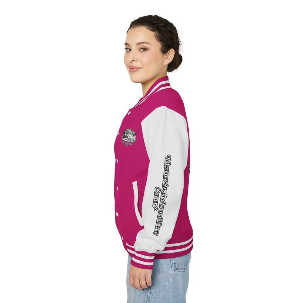 18181211764617914036_2048.jpeg Unisex Heavyweight Letterman Jacket — "Adventure Awaits Around Every Corner" Travel Varsity Coat