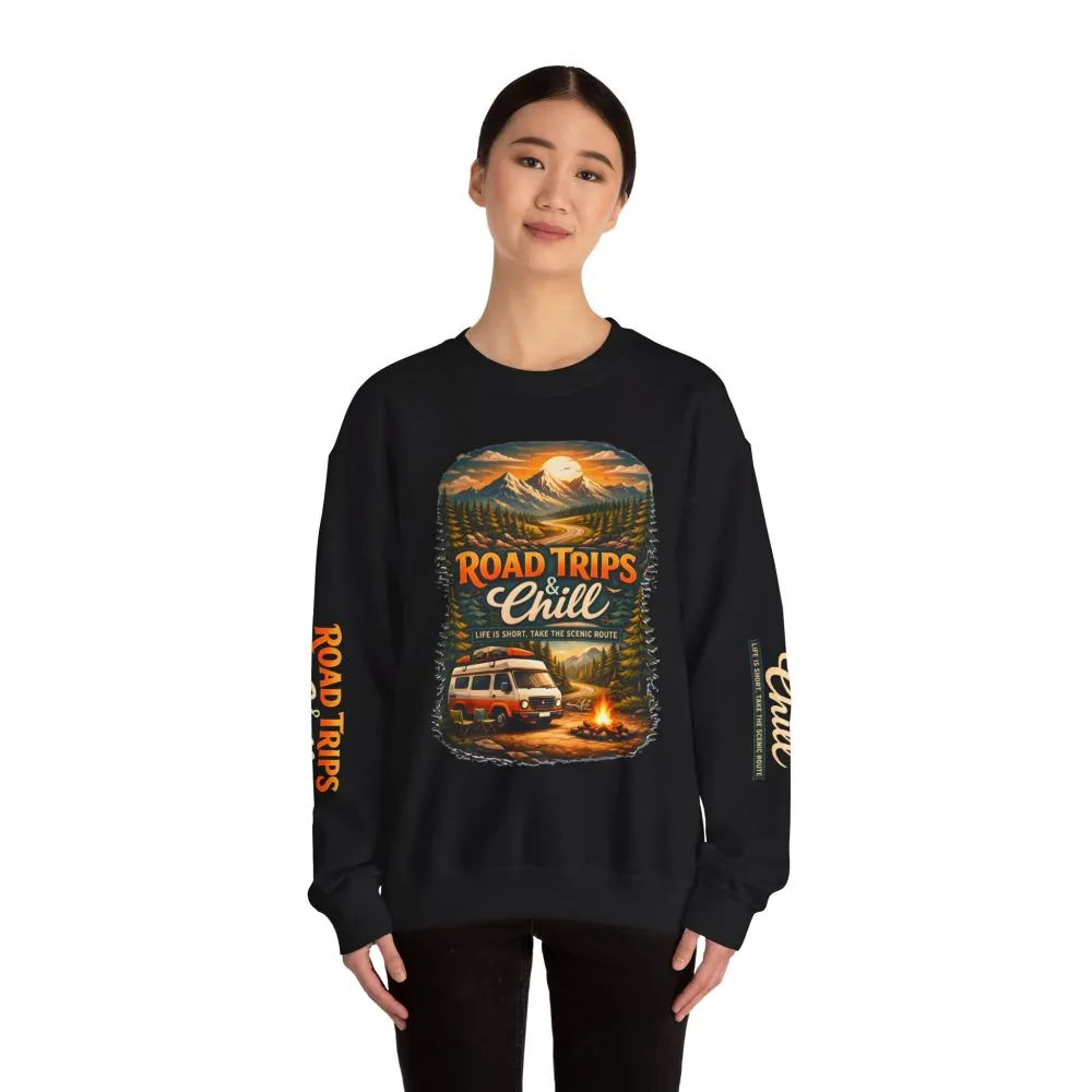 Unisex Heavy Blend™ Crewneck Sweatshirt — "Road Trips & Chill" Design Scenic-Line