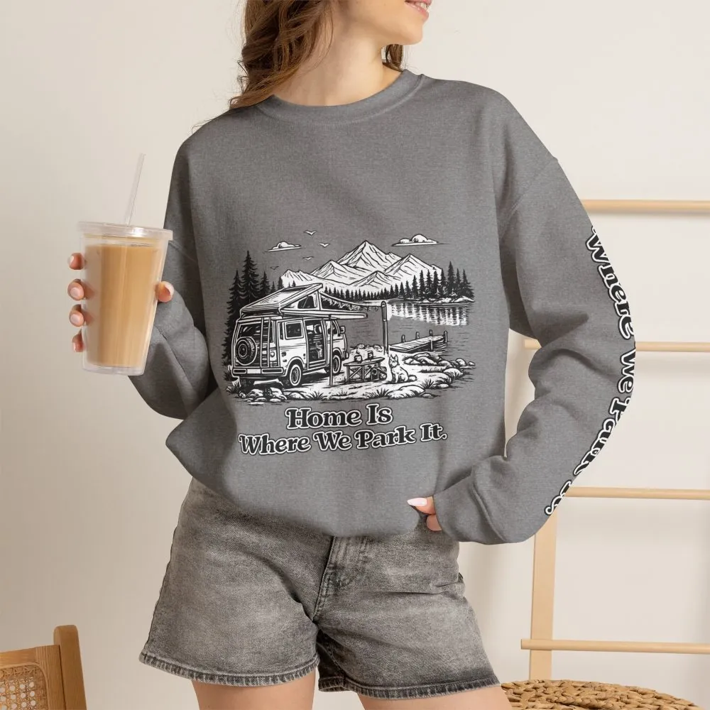 18196562143512559247_2048.jpeg Unisex Heavy Blend™ Crewneck Sweatshirt — "Home Is Where You Park It" Design Minimal-Line