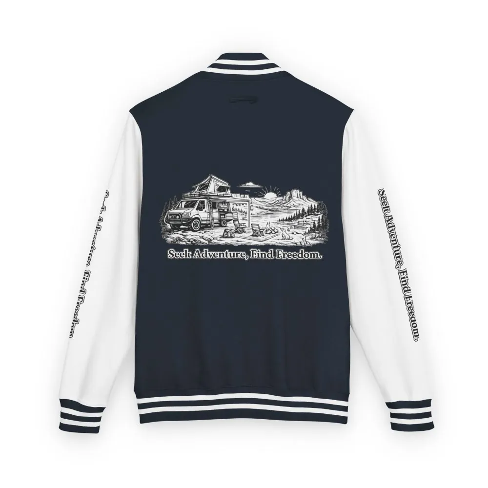 Unisex Heavyweight Letterman Jacket — "Seek Adventure, Find Freedom" Travel Varsity Coat