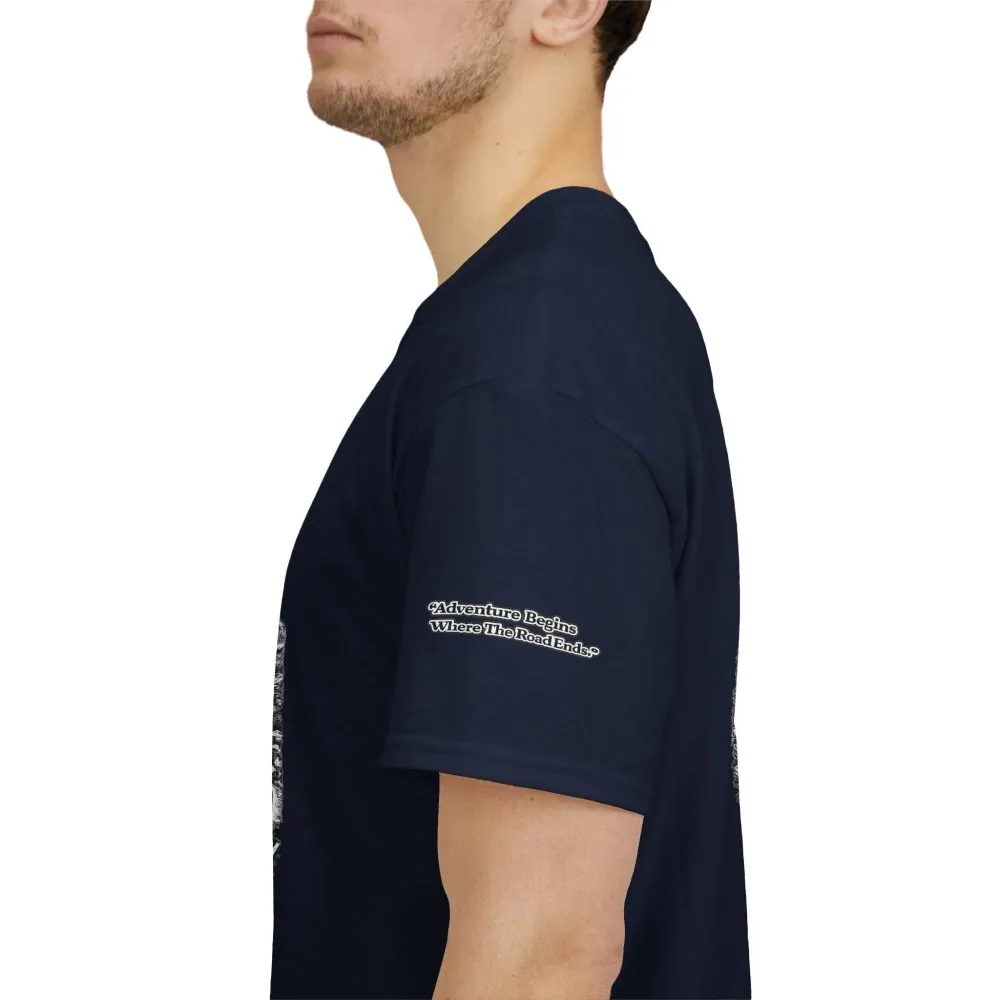 18198292078653652536_2048.jpeg Unisex Heavy Cotton Tee — "Adventure Begins Where The Road Ends" Design Minimal-Line