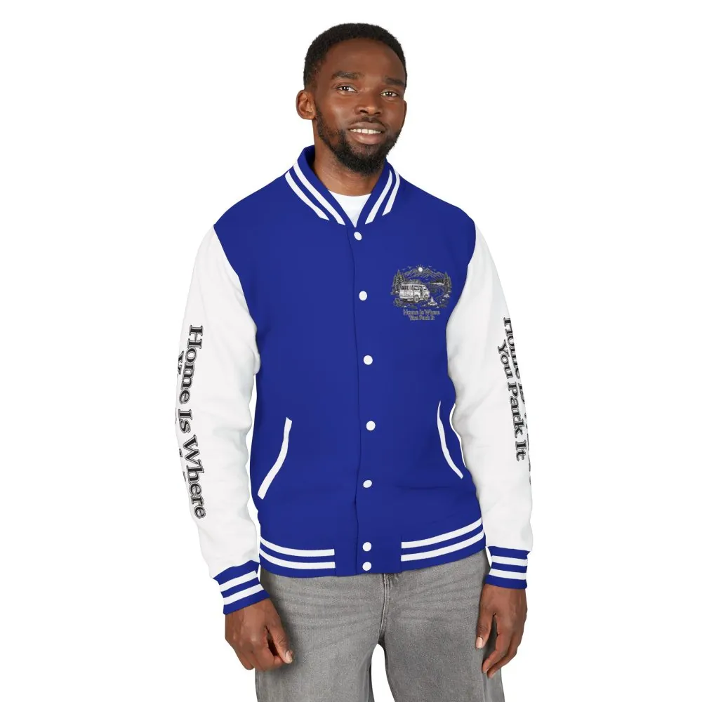 18209251817306573693_2048.jpeg Unisex Heavyweight Letterman Jacket — "Home Is Where You Park It" Travel Varsity Coat