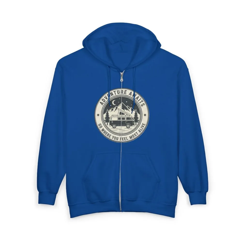 18210768556526035490_2048.jpeg Zip Hoodie — "Adventure Awaits-Go Where You Feel Most Alive" (Only Front Printed) Camper Van Adventure Zip-Up