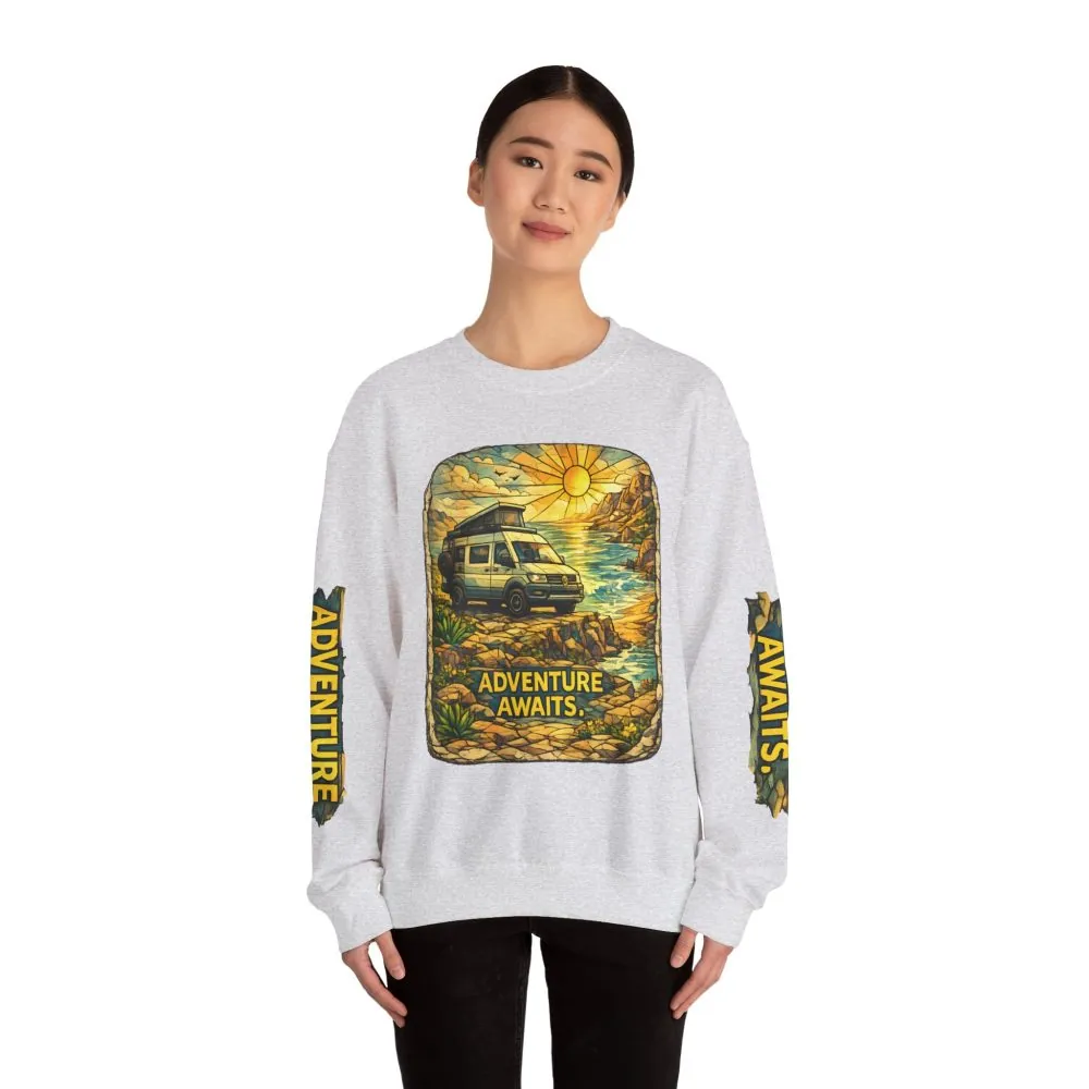 Unisex Heavy Blend™ Crewneck Sweatshirt — "Adventure Awaits" Design Cubic-Line