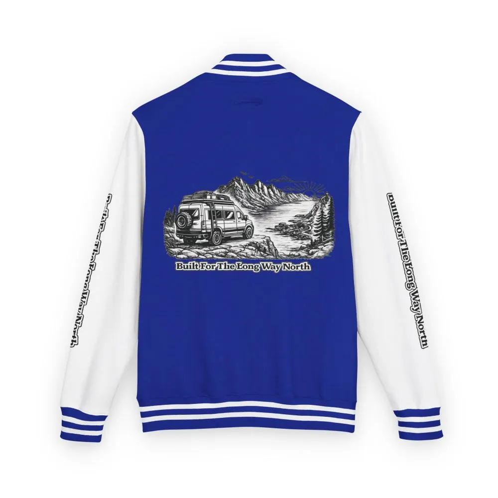 18266572835093998926_2048.jpeg Unisex Heavyweight Letterman Jacket — "Built For The Long Way North" Travel Varsity Coat