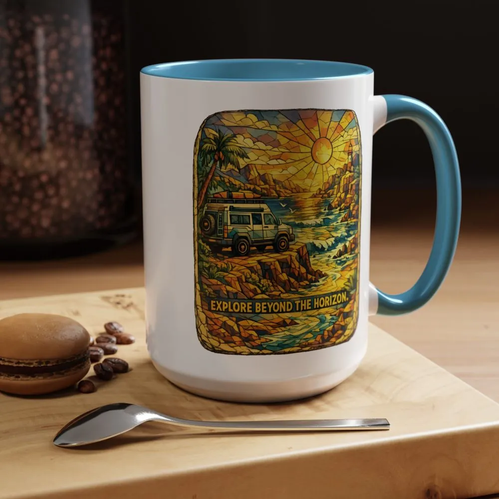Accent Coffee Mug (11, 15oz) — "Explore Beyond The Horizon" Design Cubic-Line