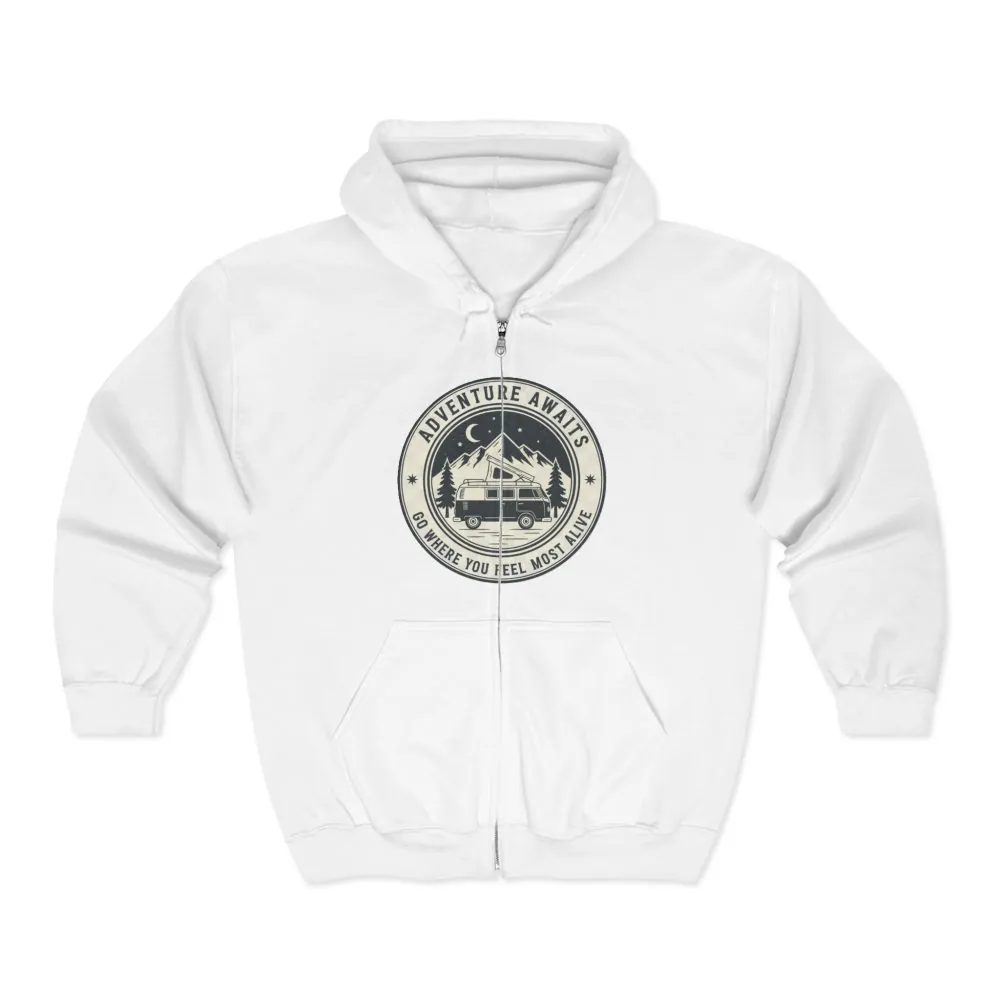 18278746581009602494_2048.jpeg Zip Hoodie — "Adventure Awaits-Go Where You Feel Most Alive" (Only Front Printed) Camper Van Adventure Zip-Up