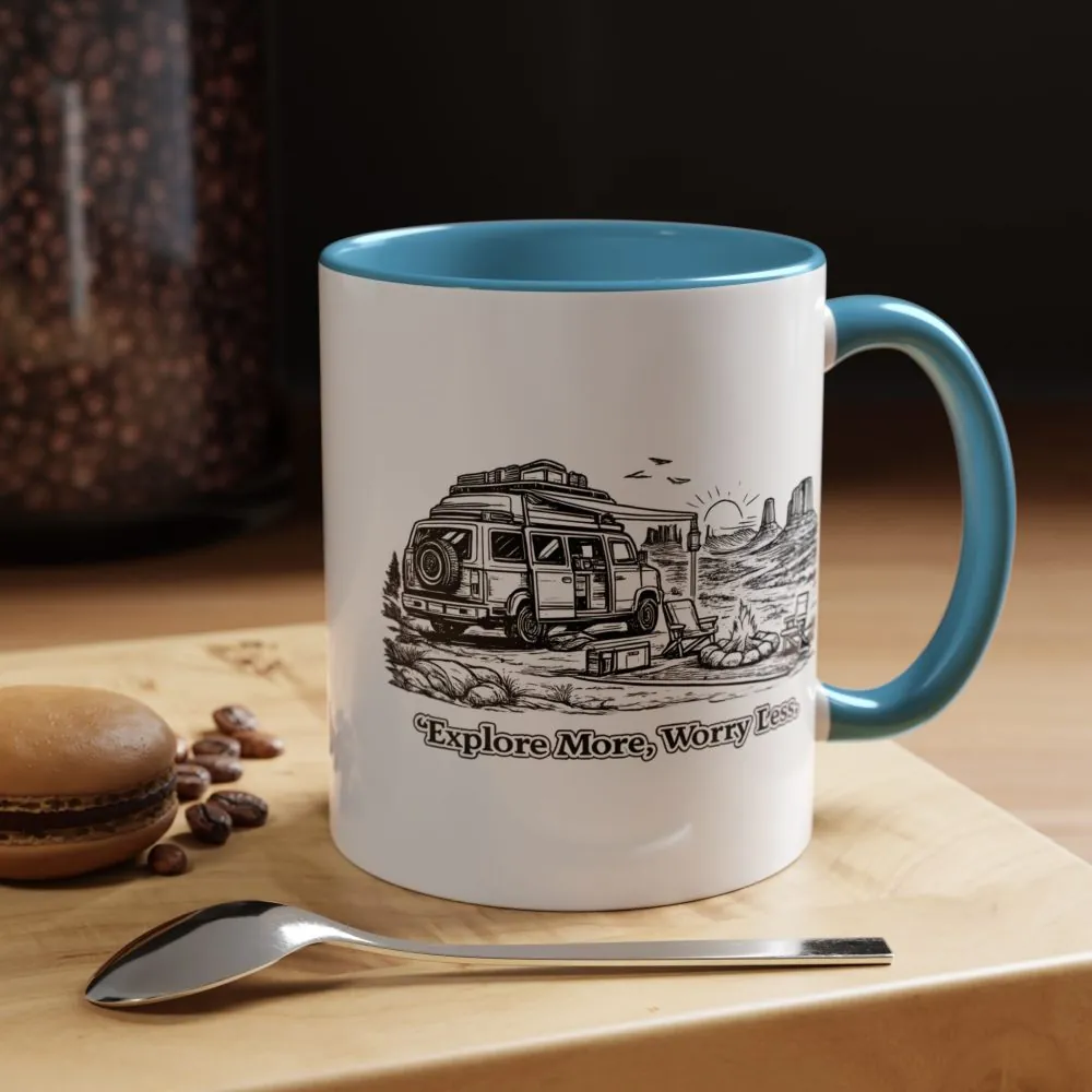 Accent Coffee Mug (11, 15oz) — "Explore More Worry Less" Design Minimal-Line
