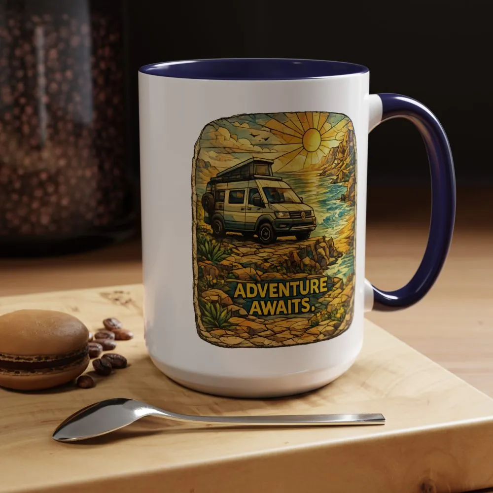 Accent Coffee Mug (11, 15oz) — "Adventure Awaits" Design Cubic-Line