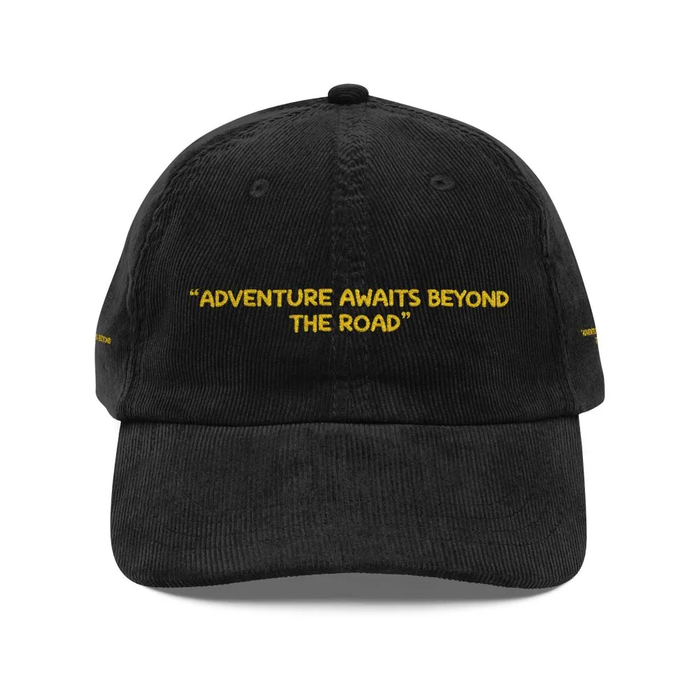 18320184404537427828_2048.jpeg Vintage Corduroy Cap (Embroidery) — "Adventure Awaits Beyond The Road" Embroidered Hat