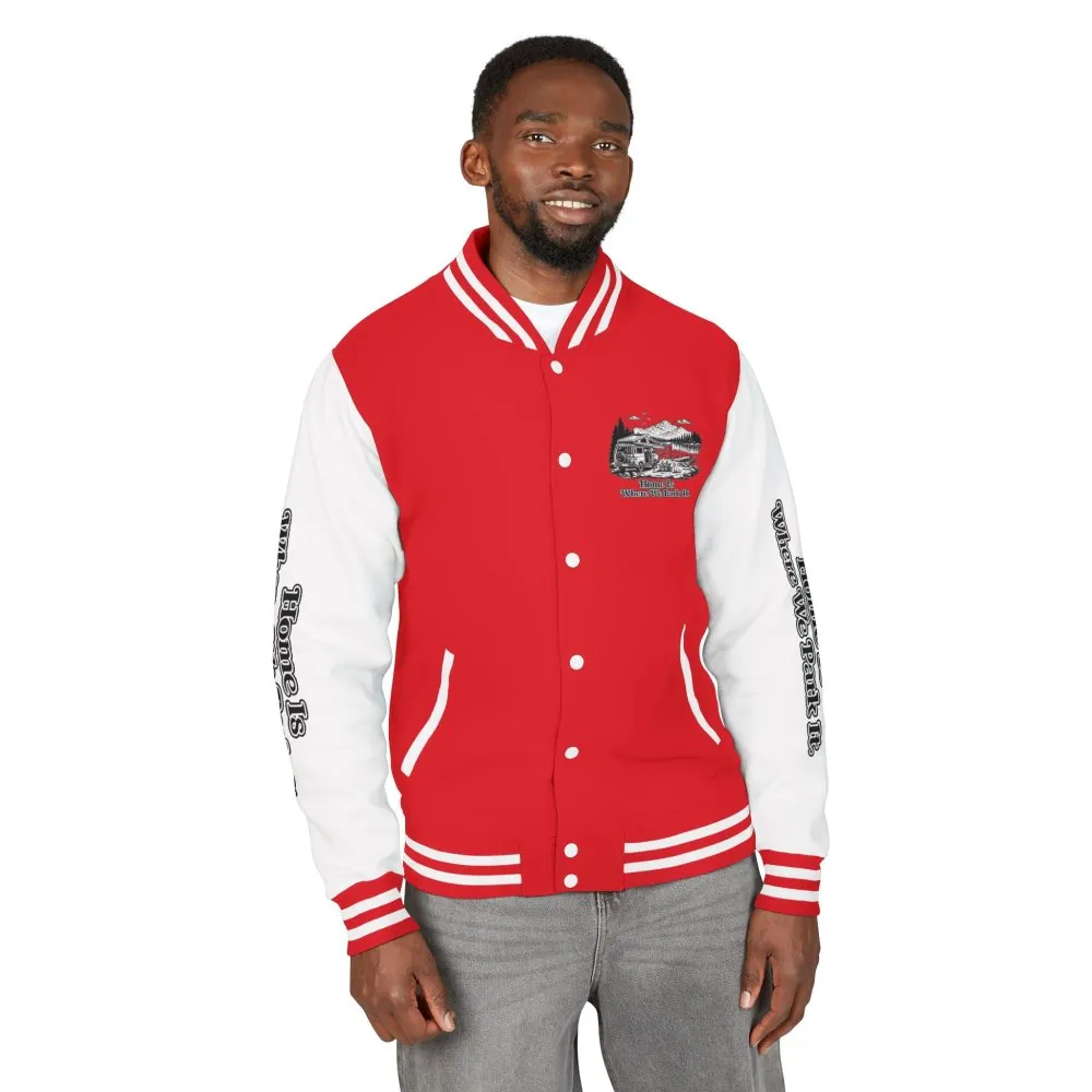 18325267085062092388_2048.jpeg Unisex Heavyweight Letterman Jacket — "Home Is Where You Park It" Travel Varsity Coat