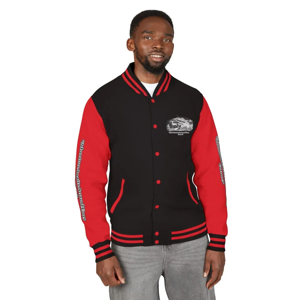18328960916383103272_2048.jpeg Unisex Heavyweight Letterman Jacket — "Adventure Awaits Around Every Corner" Travel Varsity Coat