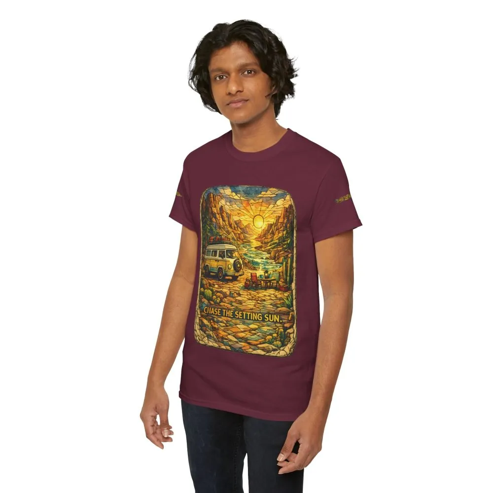18332794870814631505_2048.jpeg Unisex Heavy Cotton Tee — "Chase The Settings Sun" Design Cubic-Line