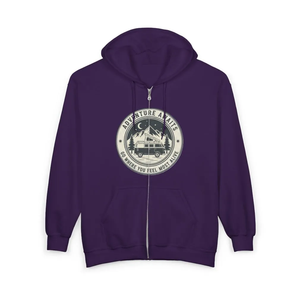 Zip Hoodie — "Adventure Awaits-Go Where You Feel Most Alive" (Front + Back Printed) Camper Van Adventure Zip-Up