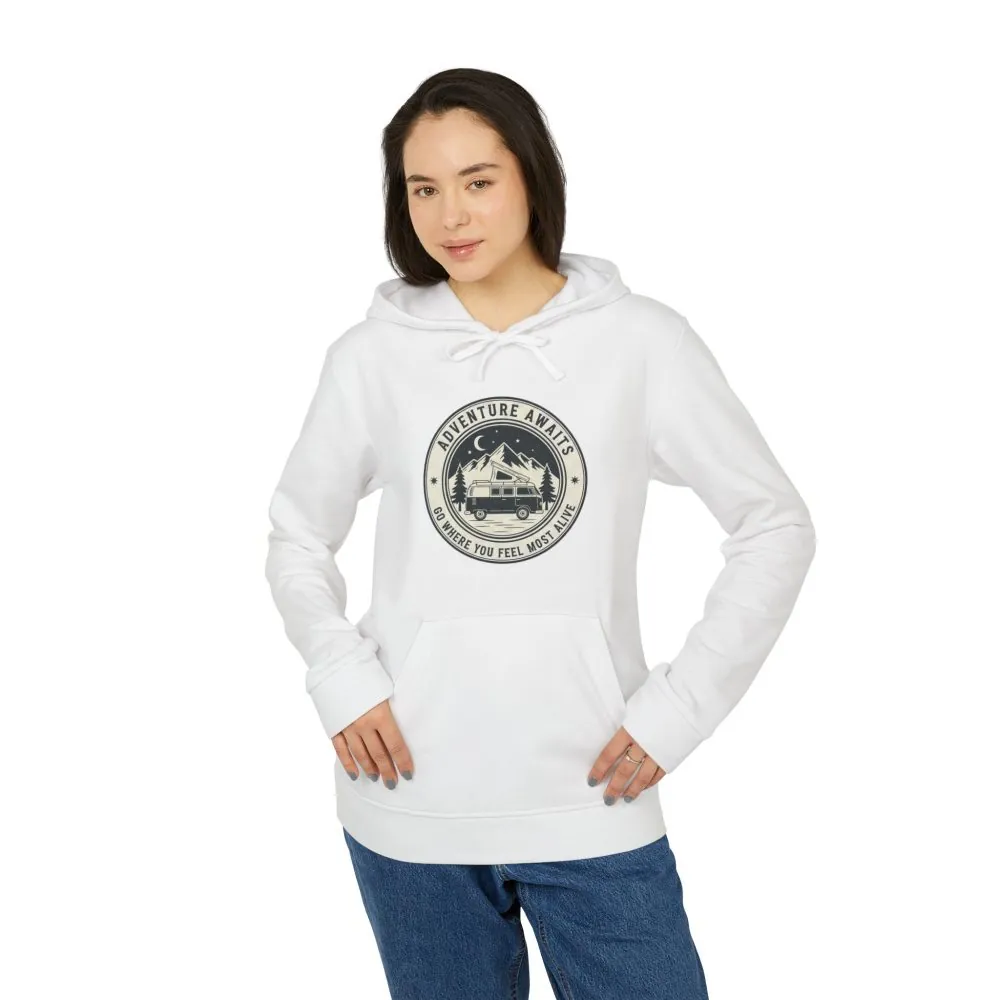 Hoodie(Adidas) — 'Adventure Awaits-Go Where You Feel Most Alive' Outdoor Travel Pullover (Only Front Printed)