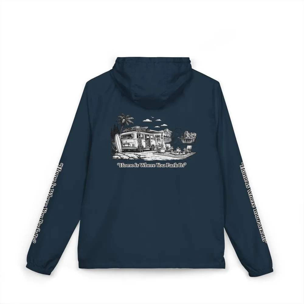 Unisex Full-Zip Windbreaker Jacket — "Home Is Where You Park It" (Design "Minimal-Line")