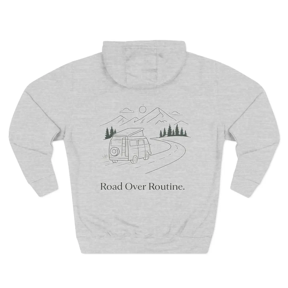 Three-Panel Fleece Hoodie - "Road Over Routine" Design Minimal-Line