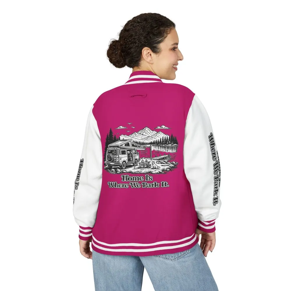 1861925309060141038_2048.jpeg Unisex Heavyweight Letterman Jacket — "Home Is Where You Park It" Travel Varsity Coat