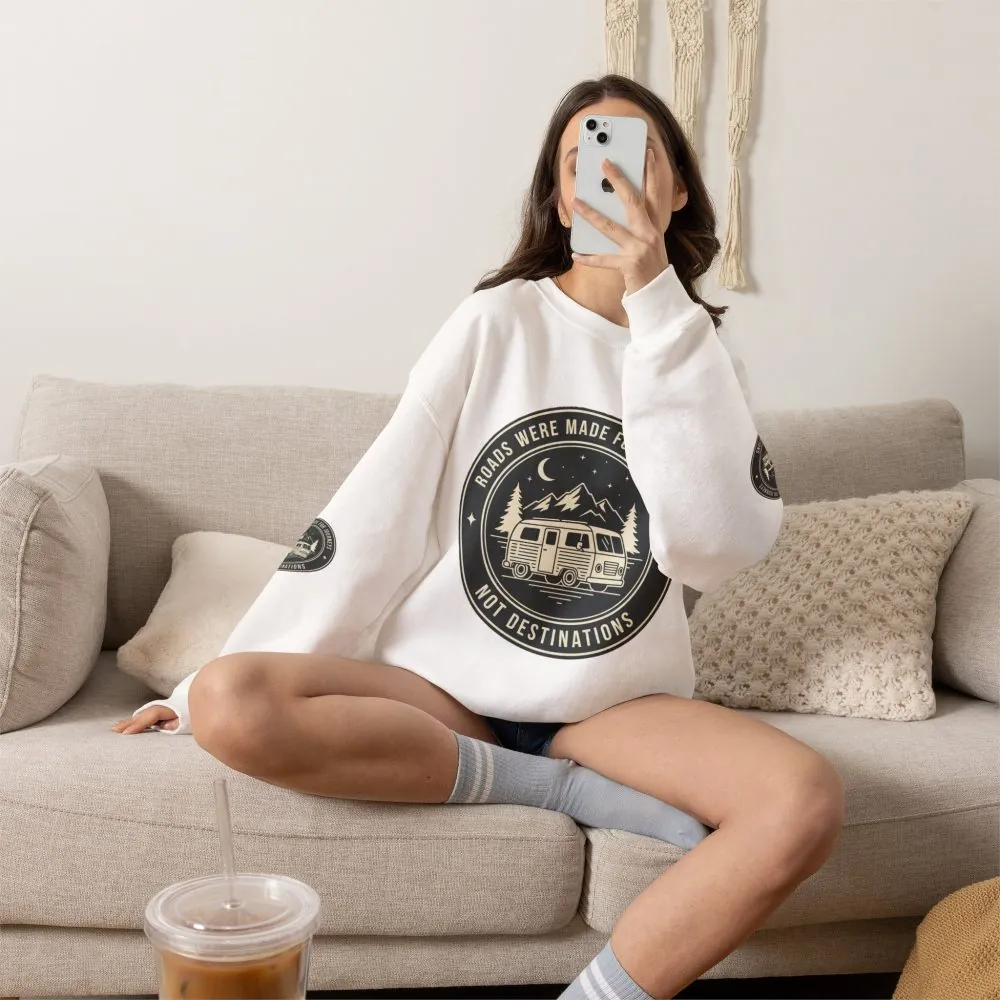 1889978299085300304_2048.jpeg Crewneck Sweatshirt — "ROAD WHERE MADE FOR JOURNEYS-NOT DESTINATIONS" (Font + Back + Sleaves printed) Vintage Camper Van Outdoor Graphic