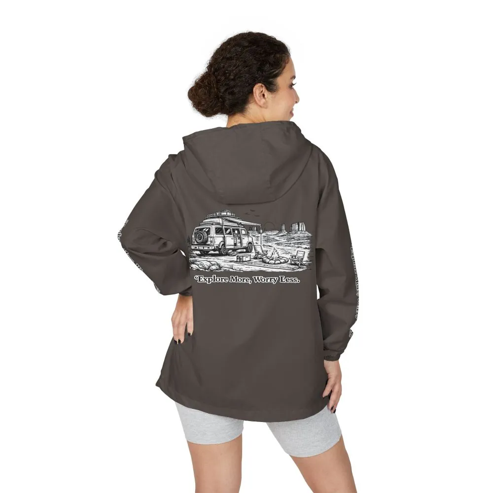 Unisex Full-Zip Windbreaker Jacket — "Explore More, Worry Less" (Design "Minimal-Line")
