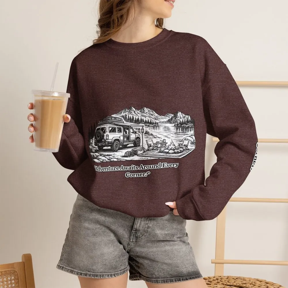 1909737775771366499_2048.jpeg Unisex Heavy Blend™ Crewneck Sweatshirt — "Adventure Awaits Around Every Corner" Design Minimal-Line