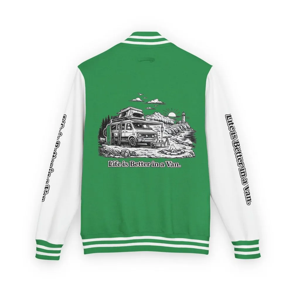 1941216376580938618_2048.jpeg Unisex Heavyweight Letterman Jacket — "Life Is Better In A Van" Travel Varsity Coat