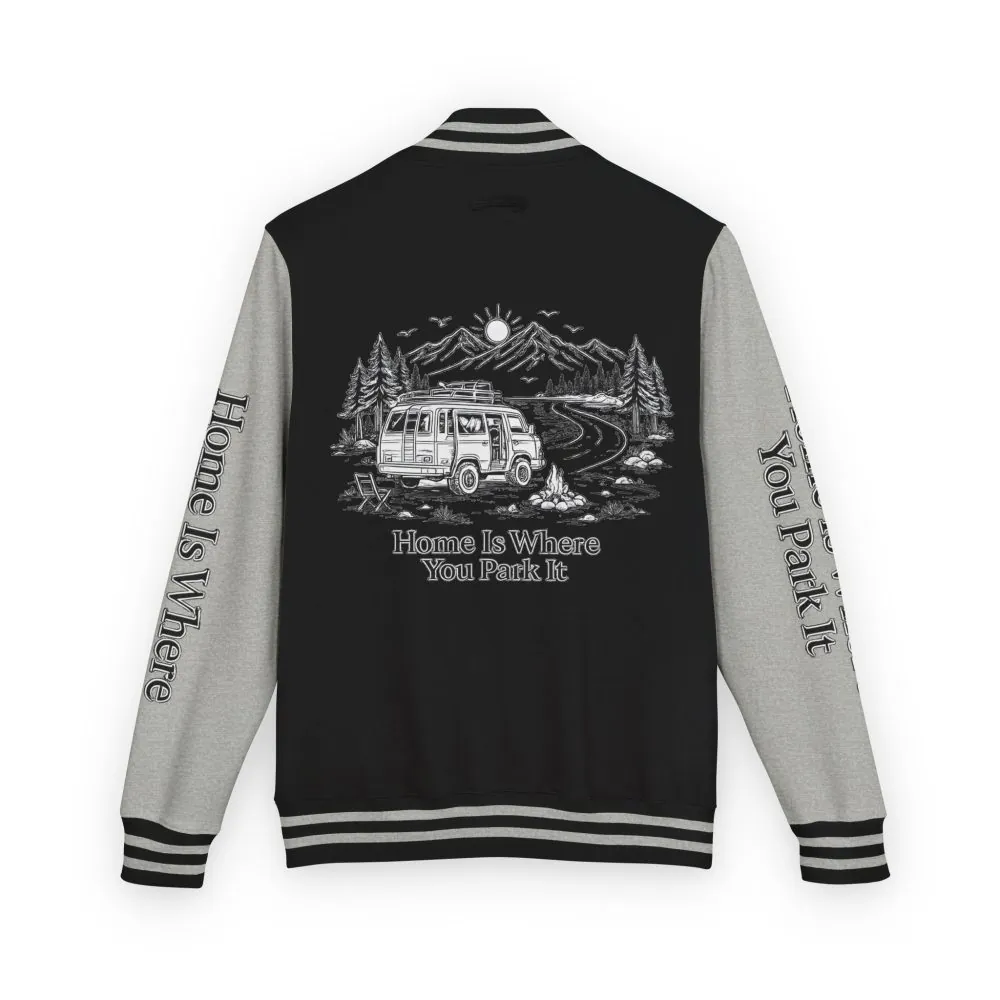 1947934778022913841_2048.jpeg Unisex Heavyweight Letterman Jacket — "Home Is Where You Park It" Travel Varsity Coat
