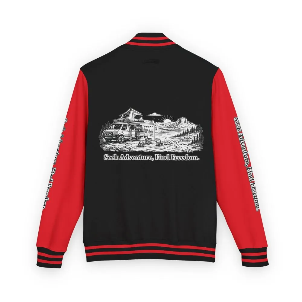 Unisex Heavyweight Letterman Jacket — "Seek Adventure, Find Freedom" Travel Varsity Coat