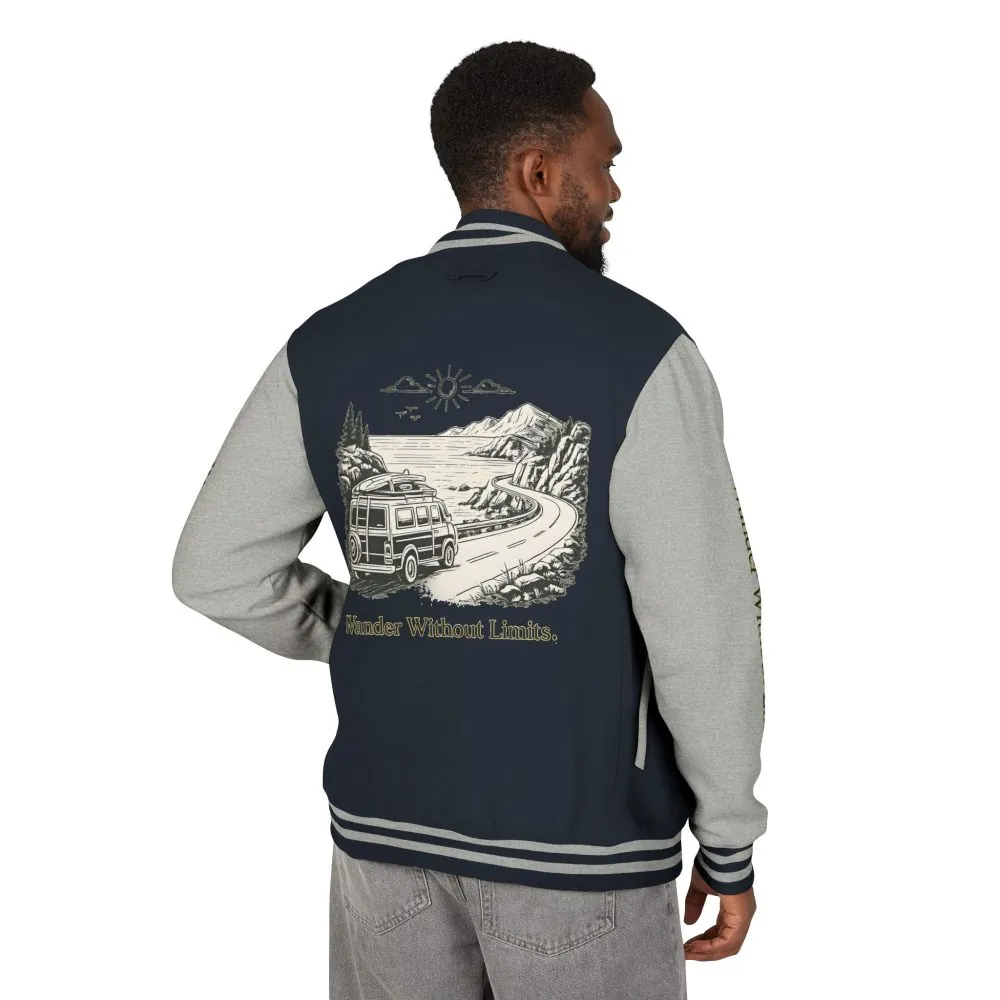 1959529252401898939_2048.jpeg Unisex Heavyweight Letterman Jacket — "Wander Without Limits" Travel Varsity Coat