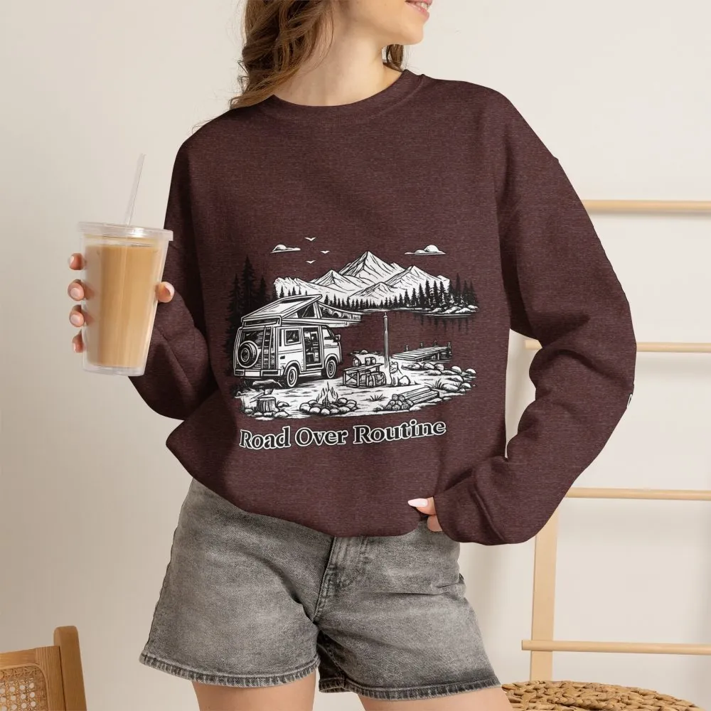 1980005924064960631_2048.jpeg Unisex Heavy Blend™ Crewneck Sweatshirt — "Road Over Routine" Design Minimal-Line