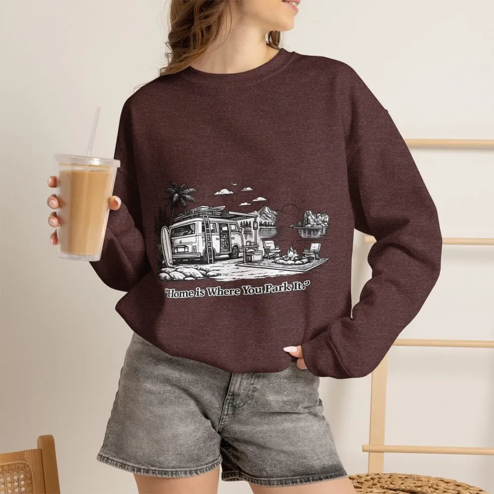 19899899365900110_2048.jpeg Unisex Heavy Blend™ Crewneck Sweatshirt — "Home Is Where You Park It" Design Minimal-Line