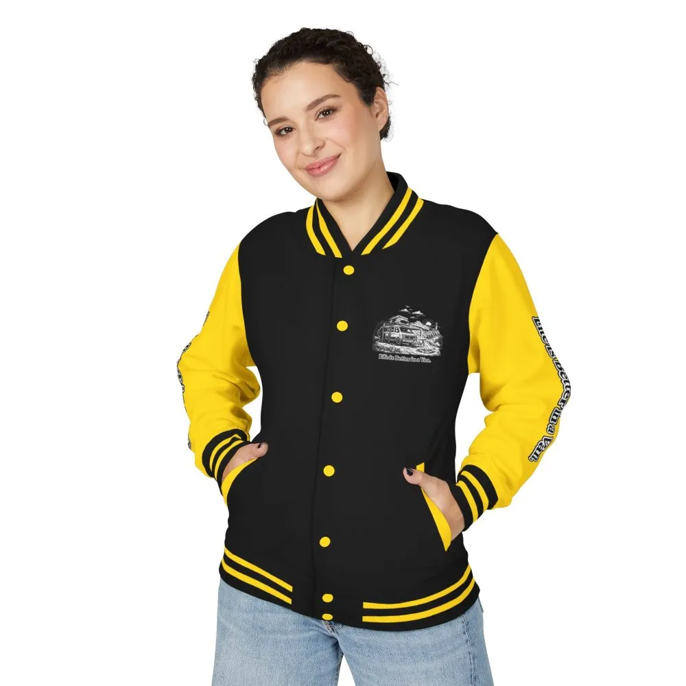 2017610559611523197_2048.jpeg Unisex Heavyweight Letterman Jacket — "Life Is Better In A Van" Travel Varsity Coat