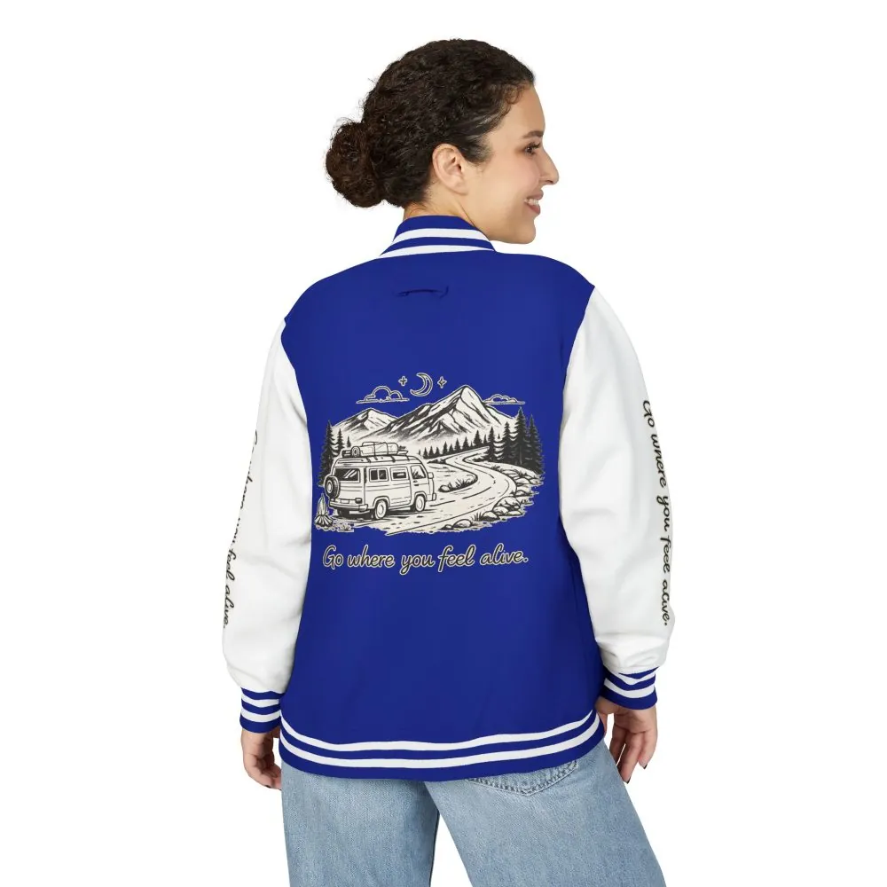 2020501745755434803_2048.jpeg Unisex Heavyweight Letterman Jacket — "Go Where You Feel Alive" Travel Varsity Coat