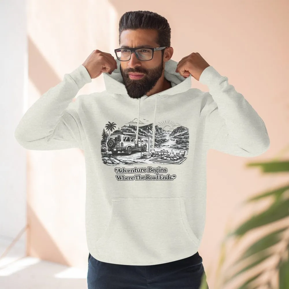 2034568356331652680_2048.jpeg Three-Panel Fleece Hoodie - "Adventure Begins Where The Road Ends" Design Minimal-Line