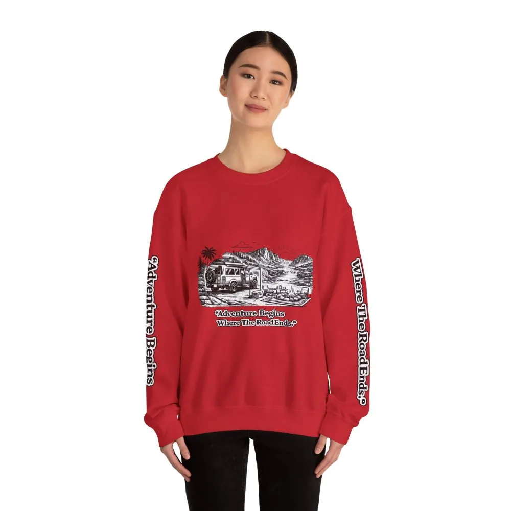 2108735304924045578_2048.jpeg Unisex Heavy Blend™ Crewneck Sweatshirt — "Adventure Begins Where The Road Ends" Design Minimal-Line