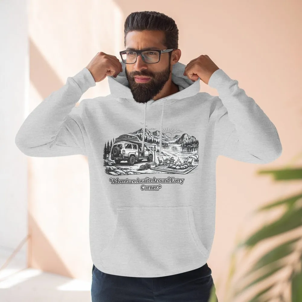 2120863984961494548_2048.jpeg Three-Panel Fleece Hoodie - "Adventure Awaits Around Every Corner" Design Minimal-Line