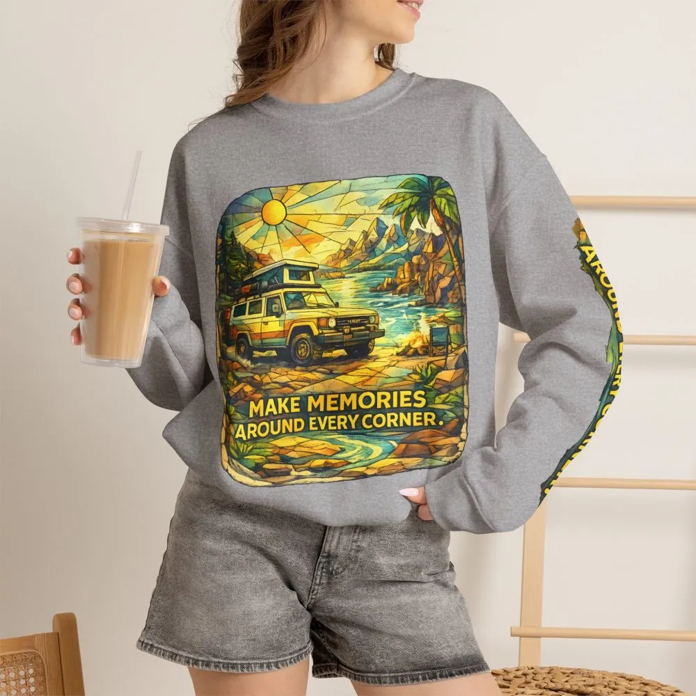 Unisex Heavy Blend™ Crewneck Sweatshirt — "Make Memories Around Every Corner" Design Cubic-Line