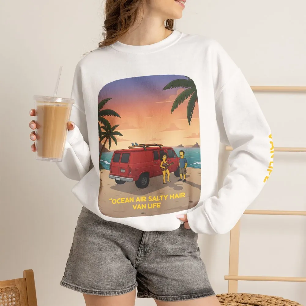 Unisex Heavy Blend™ Crewneck Sweatshirt — "Ocean Air Salty Hair Van Life" Design Sitcom-Line