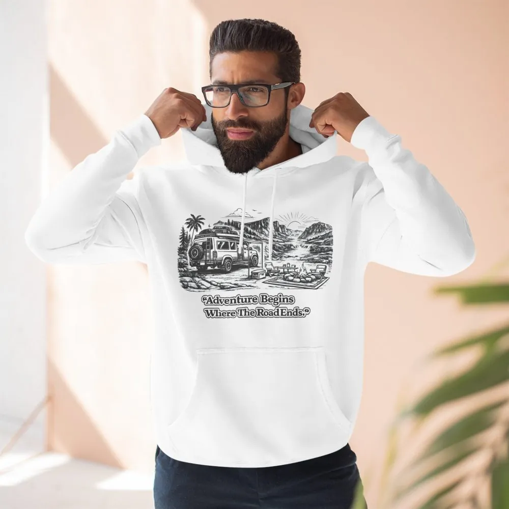 2141423020714671059_2048.jpeg Three-Panel Fleece Hoodie - "Adventure Begins Where The Road Ends" Design Minimal-Line