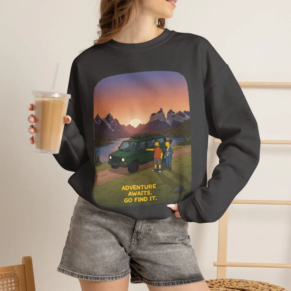 Unisex Heavy Blend™ Crewneck Sweatshirt — "Adventure Awaits-Go Find It" Design Sitcom-Line