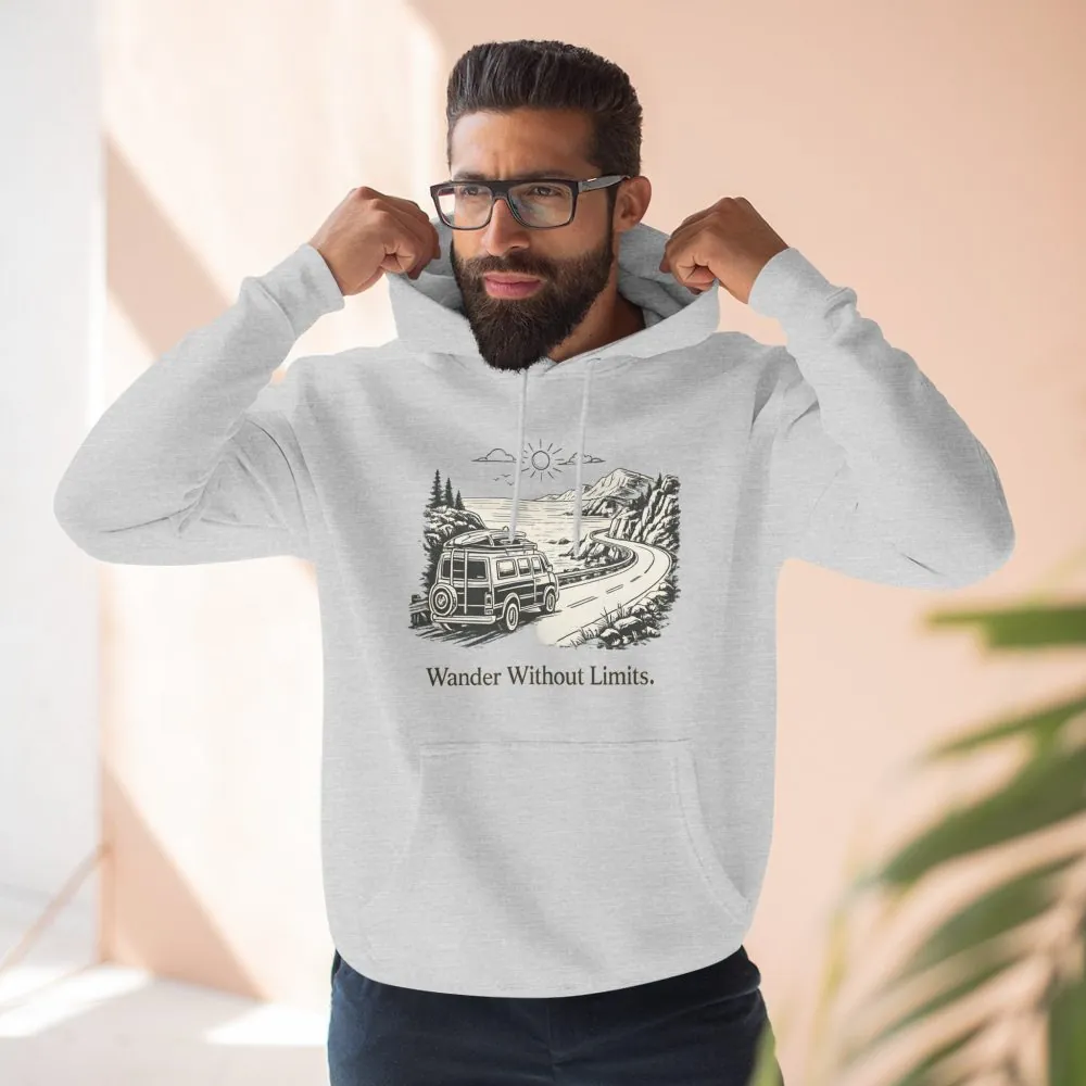 Three-Panel Fleece Hoodie - "Wander Without Limits" Design Minimal-Line