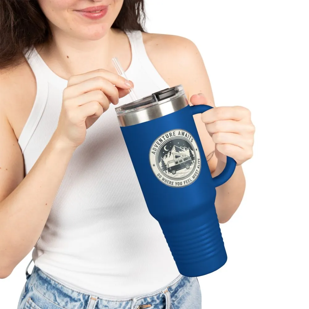 2184887022140079189_2048.jpeg Insulated Travel Mug - "Adventure Awaits-Go Where You Feel Most Alive" (40oz) – Retro Camper Design, Keep Drinks Hot or Cold