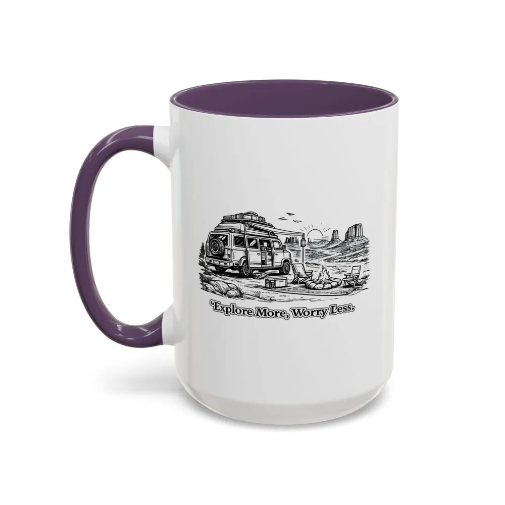 Accent Coffee Mug (11, 15oz) — "Explore More Worry Less" Design Minimal-Line
