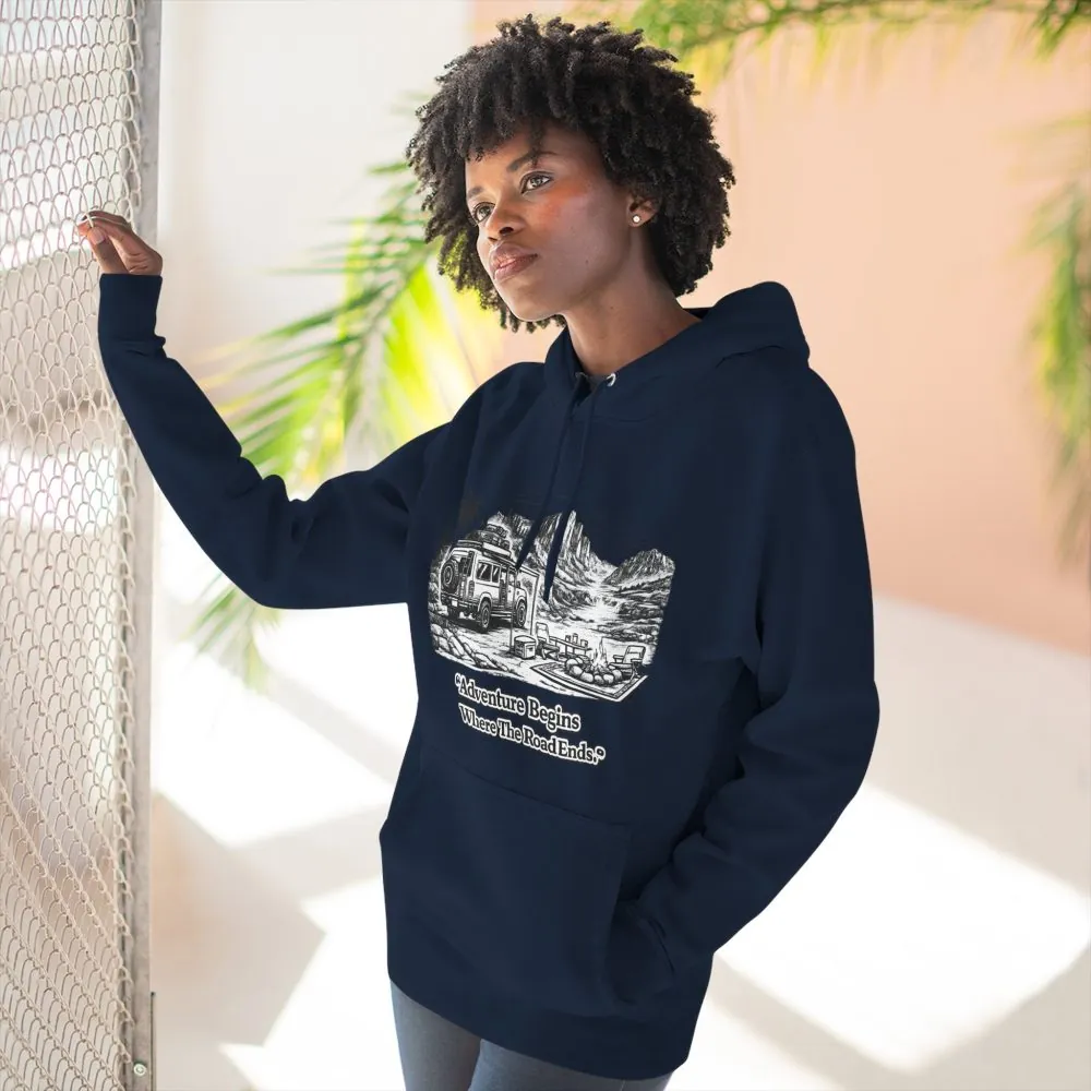 223833691939830929_2048.jpeg Three-Panel Fleece Hoodie - "Adventure Begins Where The Road Ends" Design Minimal-Line