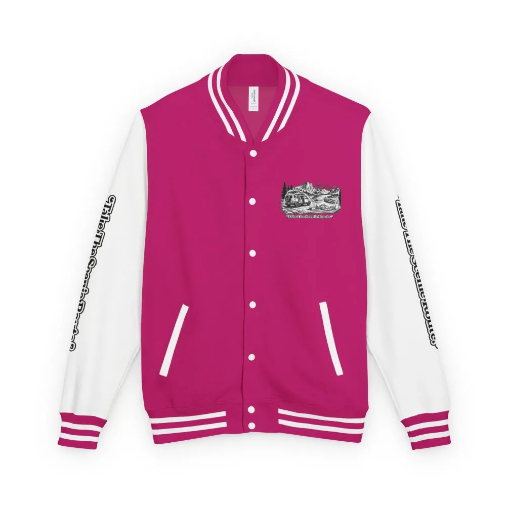 2243422306901495414_2048.jpeg Unisex Heavyweight Letterman Jacket — "Take The Scenic Route" Travel Varsity Coat