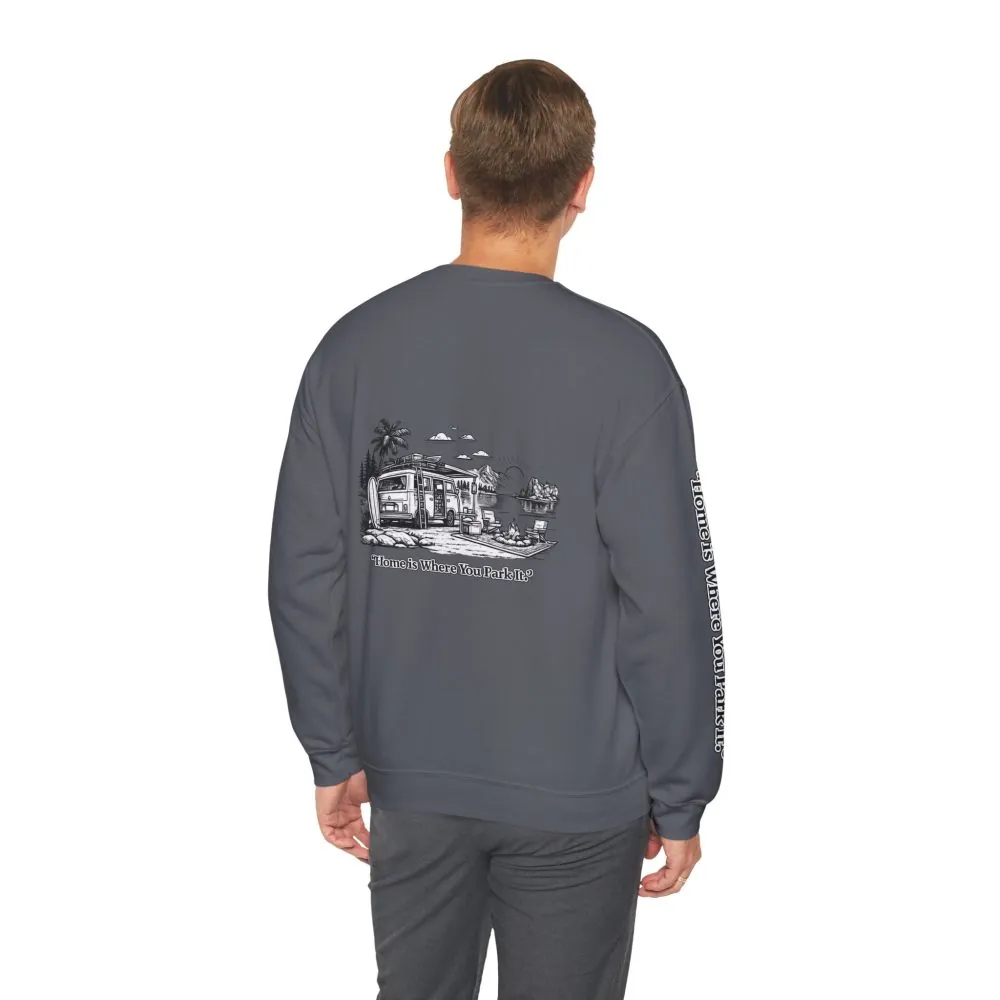 2251269950941895715_2048.jpeg Unisex Heavy Blend™ Crewneck Sweatshirt — "Home Is Where You Park It" Design Minimal-Line