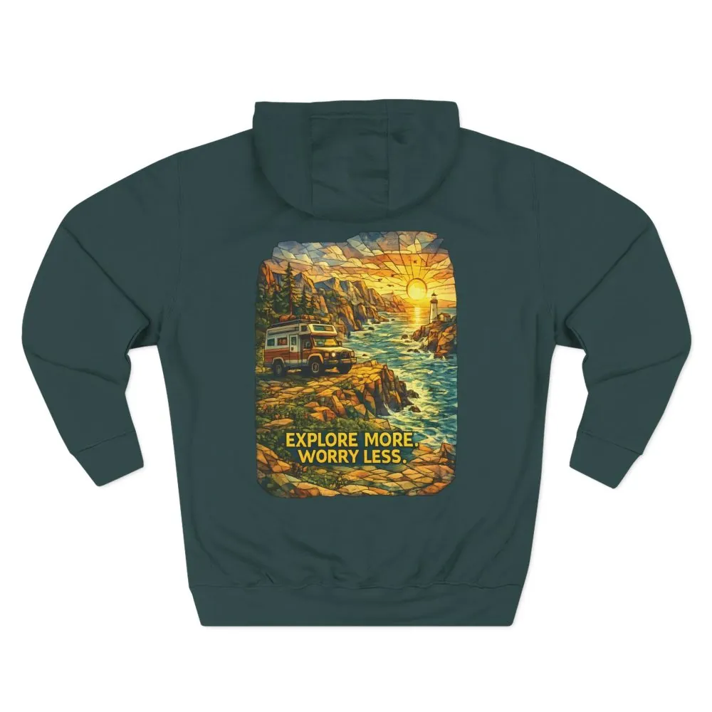 Three-Panel Fleece Hoodie - "Explore More Worry Less" Design Cubic-Line