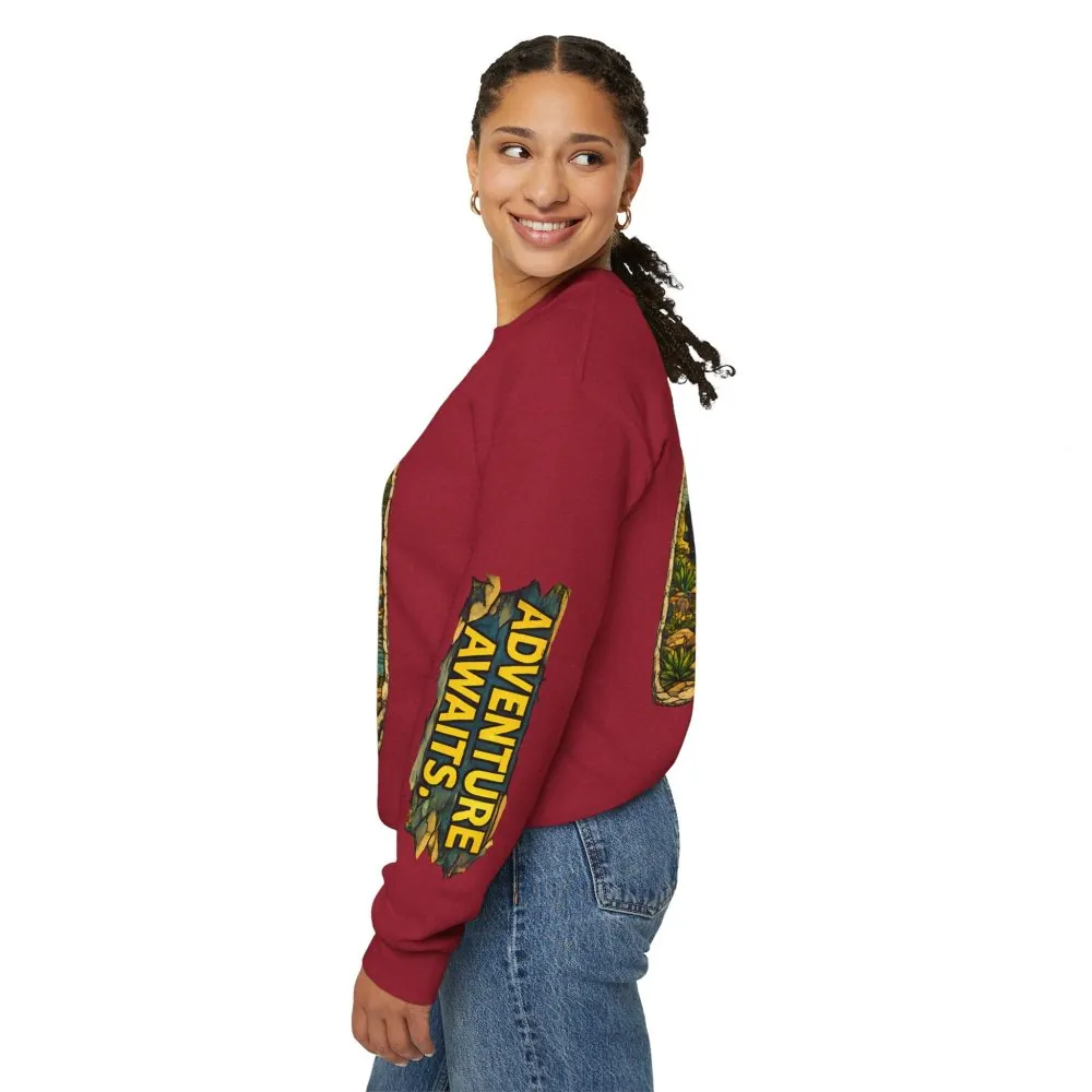 Unisex Heavy Blend™ Crewneck Sweatshirt — "Adventure Awaits" Design Cubic-Line