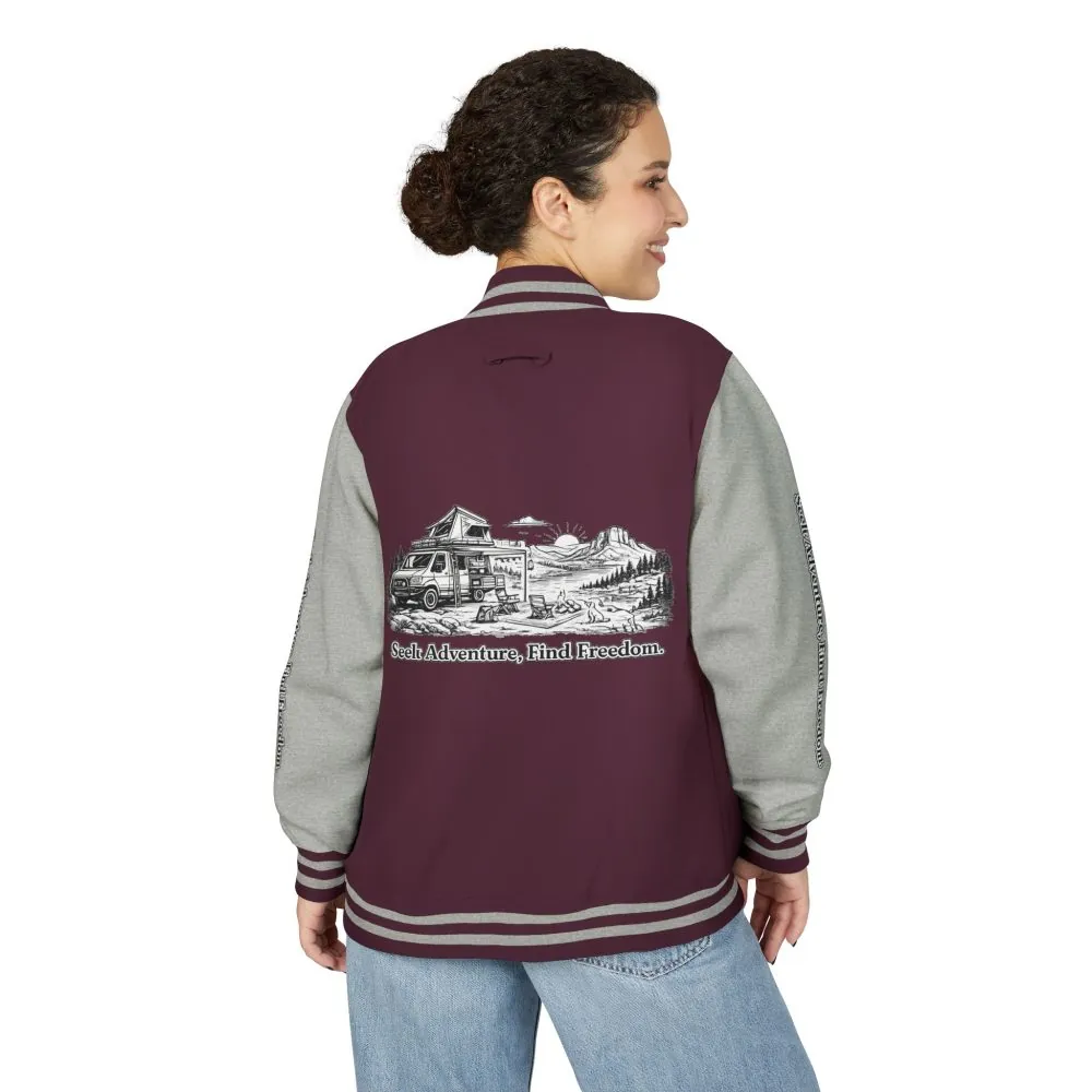 Unisex Heavyweight Letterman Jacket — "Seek Adventure, Find Freedom" Travel Varsity Coat